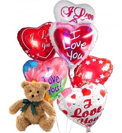 6 Heart Shaped Mylar Balloons and Teddy Bear product898